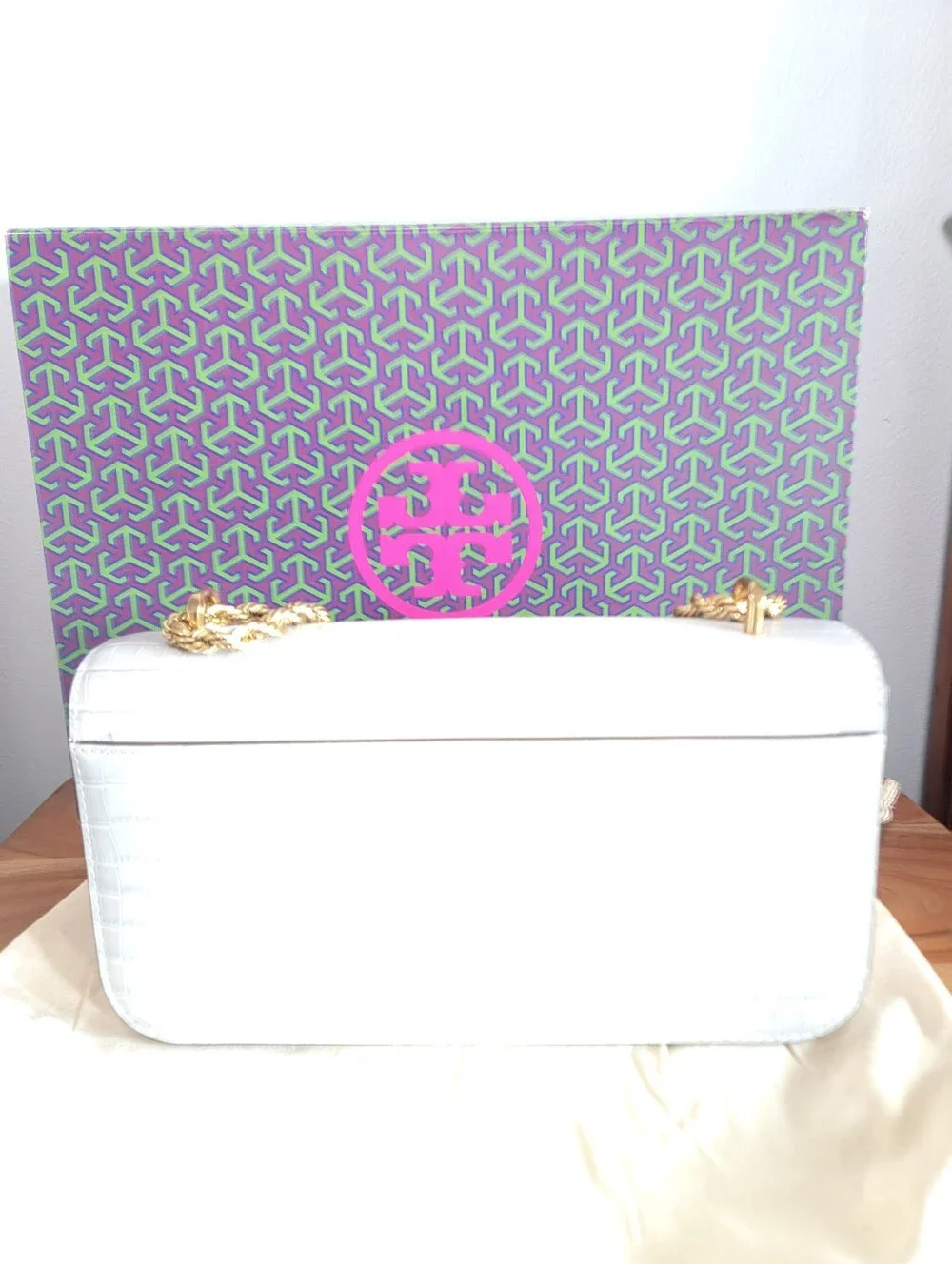 NWT Tory Burch White Croc Embossed Leather Eleanor Dragon Rectangular Bag